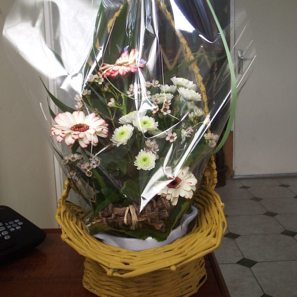 Cache pot avec anse haute réalisé en papier journal – vue de face Cache pot avec anse haute réalisé en papier journal - vue de face